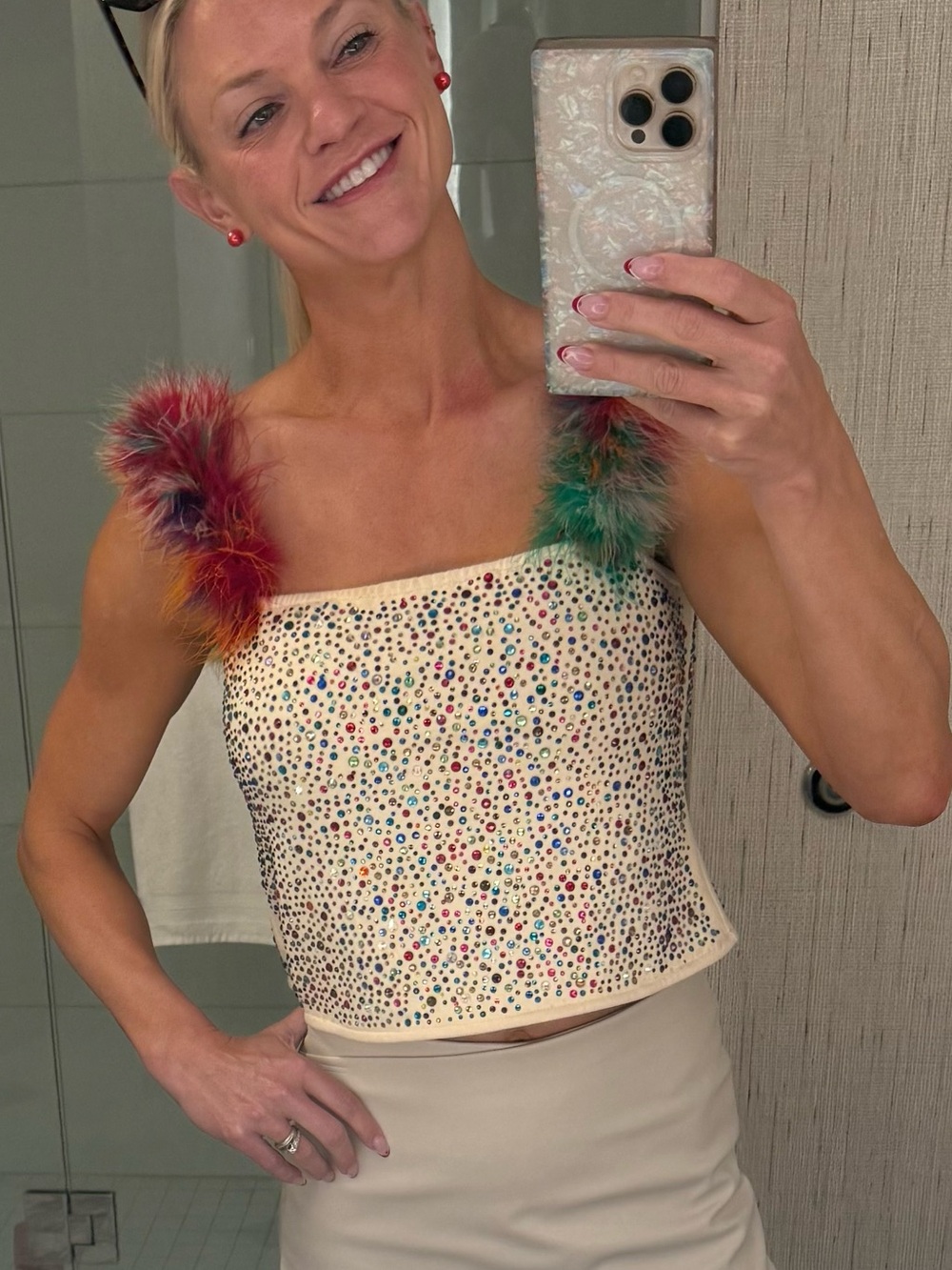 QUEEN OF SPARKLES Cream Beaded Crop Top with Rainbow Feather Straps